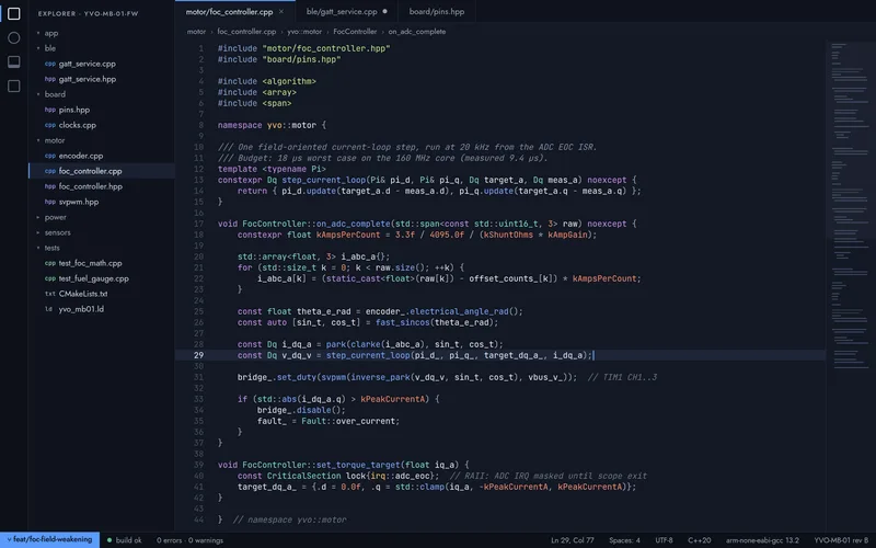 C++20 firmware in an editor: the field-oriented current loop of the YVO-MB-01 motor controller