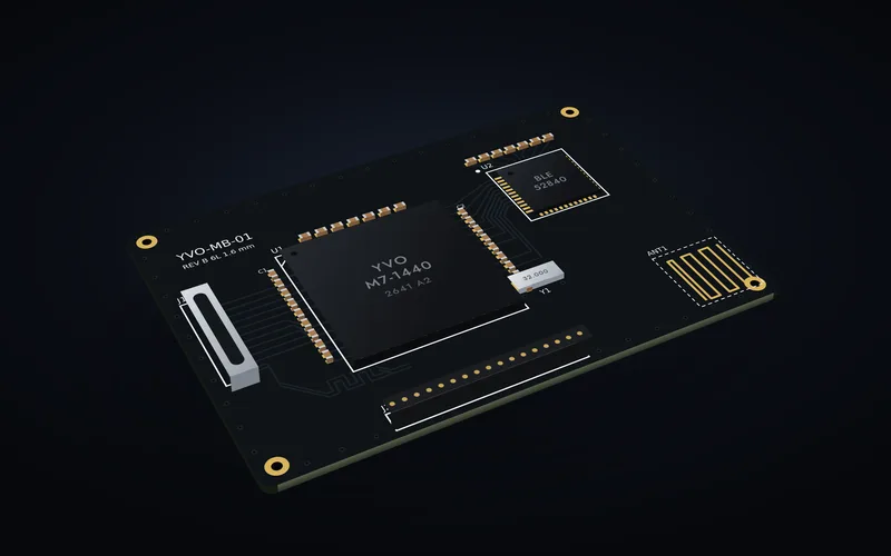 3D view of the YVO-MB-01 board drawn by Yvotronics: black solder mask, gold pads, the processor, radio and connectors in place