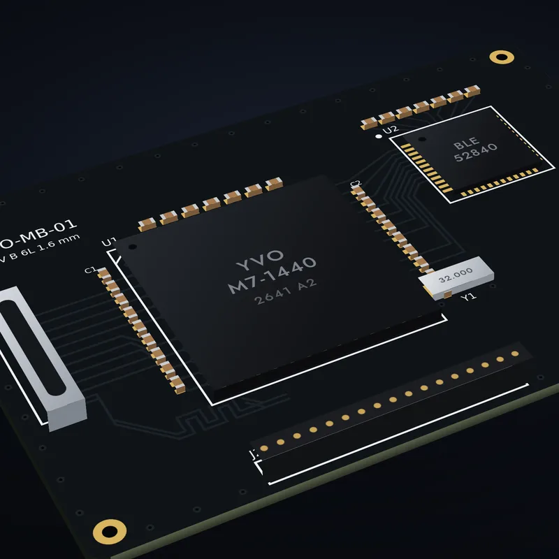 Close 3D view of the processor and radio on a Yvotronics board