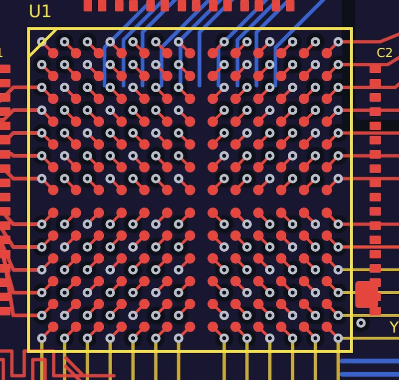 Close view of a BGA fan-out with dog-bone vias, from a Yvotronics layout