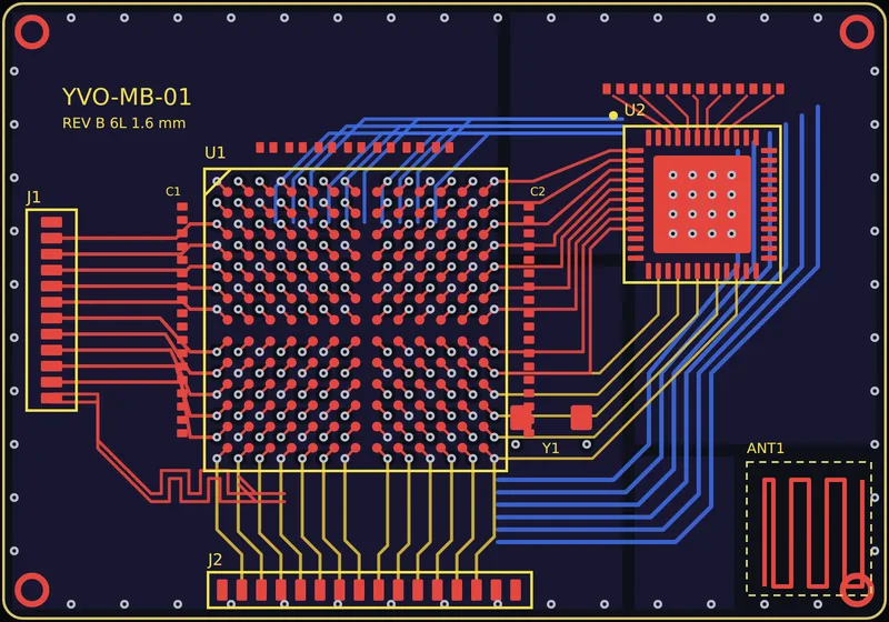Layout of a six-layer board drawn by Yvotronics: BGA fan-out, a tuned differential pair and an antenna keep-out