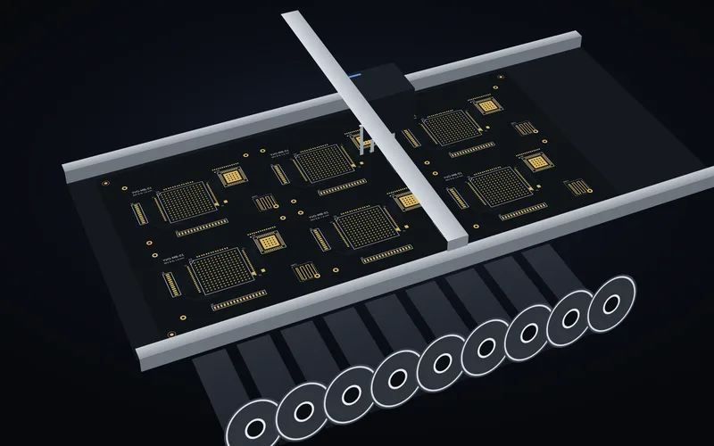 A panel of six YVO-MB-01 boards on a pick-and-place line, drawn by Yvotronics